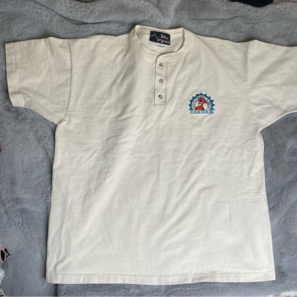 VTG 90s Disney Originals Tigger Henley Shirt Cream Embroidered Made in USA L/XL